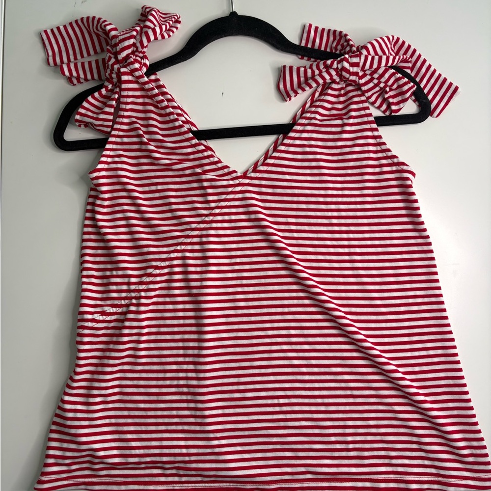 🔥4/$20 Striped Red and White Women's Blouse with Bow-Shoulder Adjustable Strap